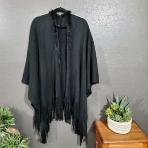Elegant Black Fringe Shawl with Fur neckline